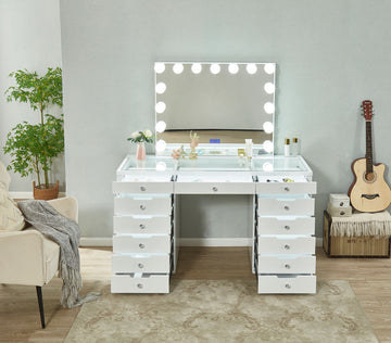 Glam Vanity: 13 Drawers with Interior Lights, LED - Mirrored & Bluetooth - Ready[LR-003]