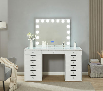 Elegant 13-Drawer Vanity Dressing Table with Crystal-Adorned Smart Makeup Mirror [LR-004-Crystal]