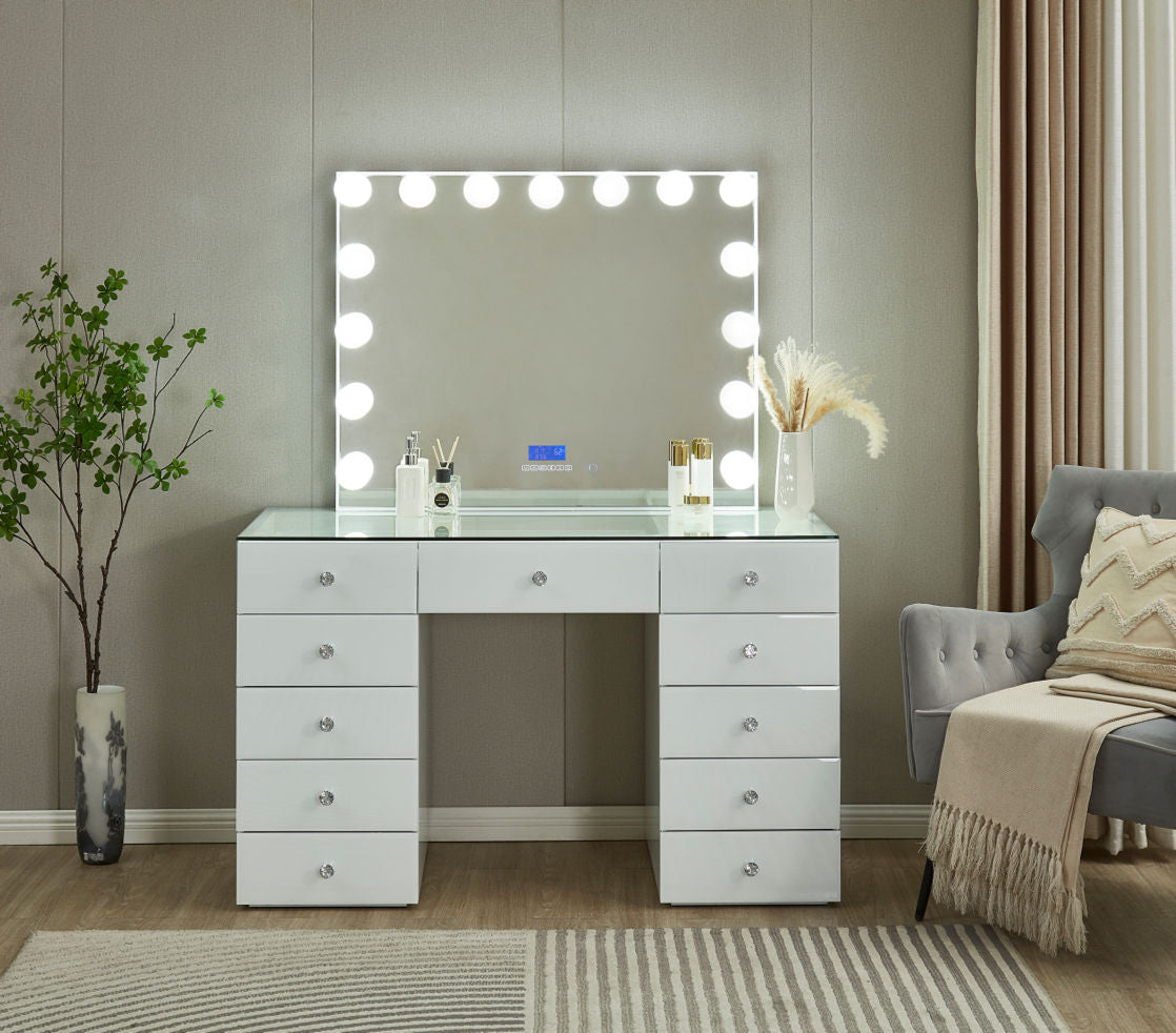 Stylish Dressing Table with LED-lit Mirror, Bluetooth Speaker & Tempered Glass Top[LR-017]