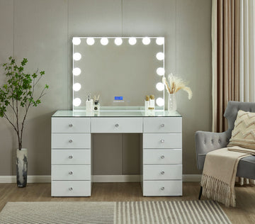 Stylish Dressing Table with LED-lit Mirror, Bluetooth Speaker & Tempered Glass Top[LR-017]