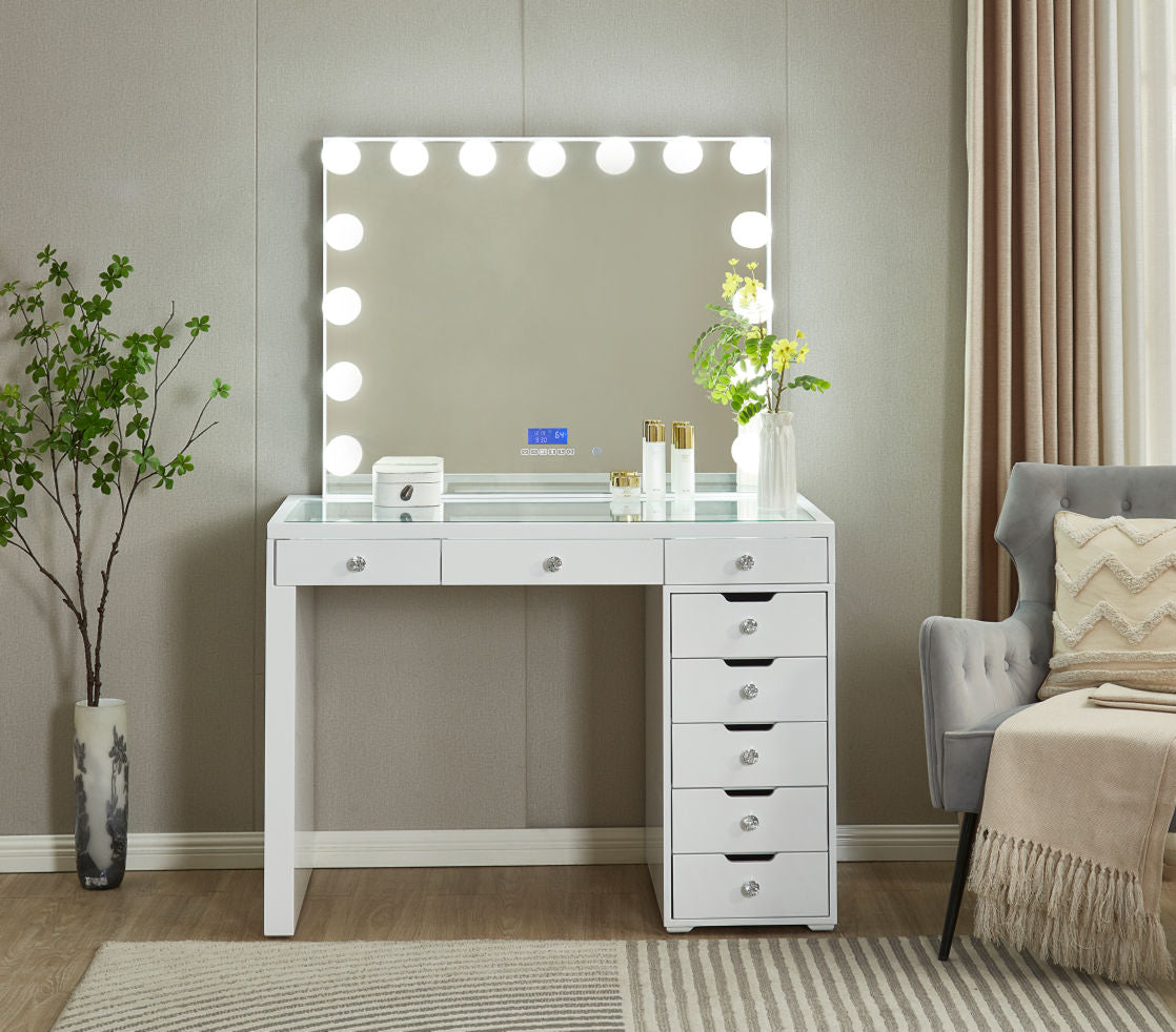 Dreamy Vanity Experience: 8 Lit - up Drawers, Shiny Tempered Glass, 15 LED Mirror & Bluetooth Magic [LR-026]