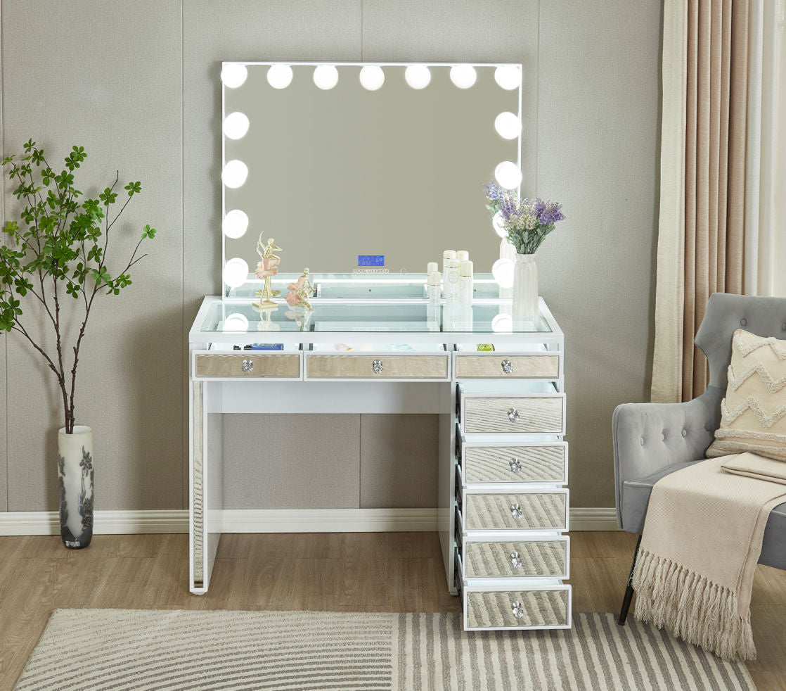 1. Unique Vanity: 8 Lit Drawers, Drawer - front Mirrored Design, Tempered Glass & LED - Bluetooth Mirror[LR-027]