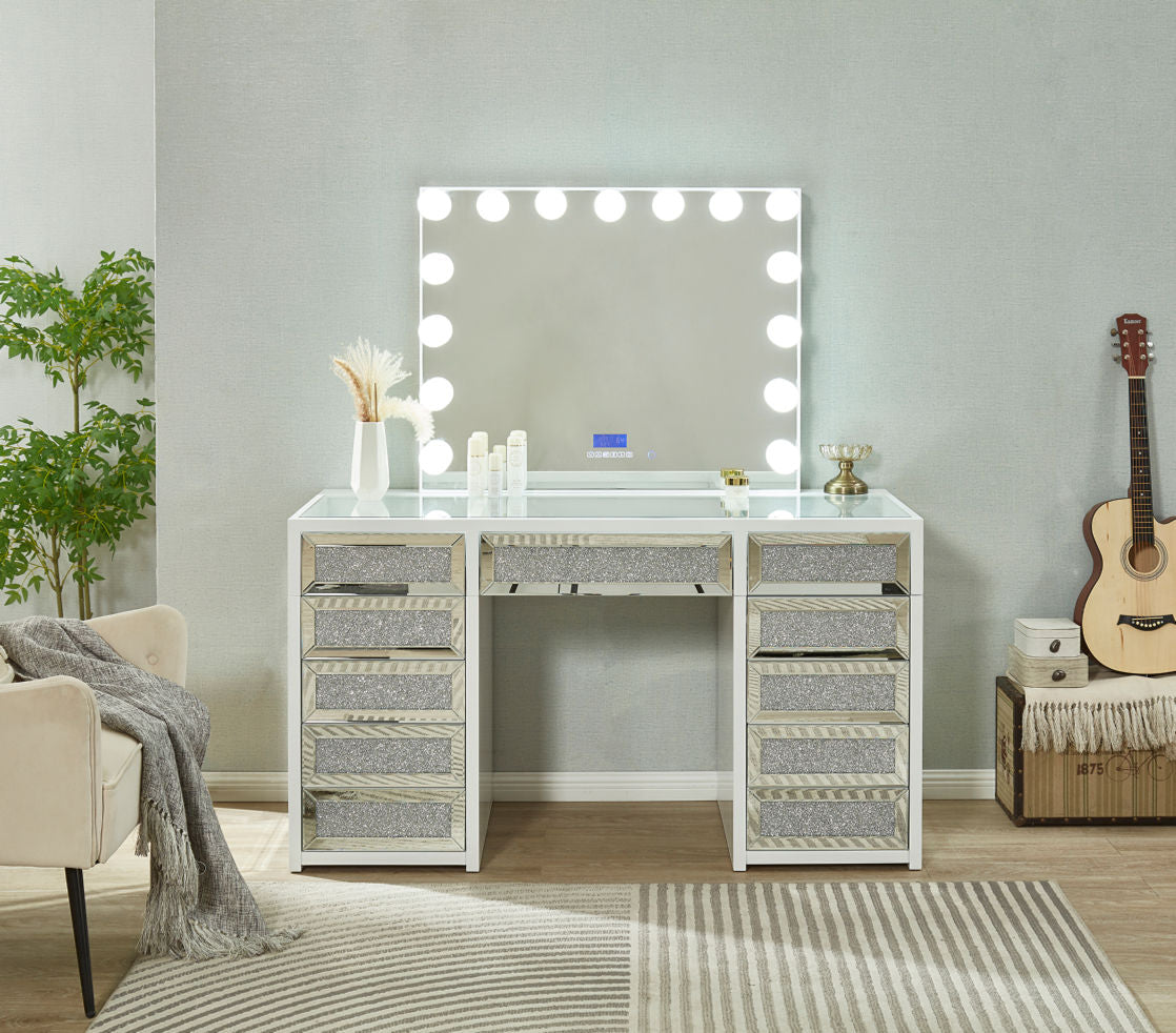Sparkling Vanity: 11 Lit Drawers with Crystal - Embellished Fronts, Glass Top & LED - Bluetooth Mirror [LR-800]